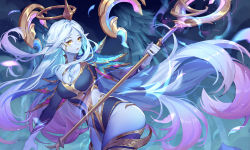 1girl alternate_costume armor asymmetrical_clothes blue_skin blue_thighhighs breasts cleavage colored_skin feathers gold_trim gradient_hair halo kan_(rainconan) league_of_legends long_hair multicolored_hair pauldrons shoulder_armor simple_background soraka_(league_of_legends) staff thighhighs yellow_eyes rating:Sensitive score:15 user:danbooru