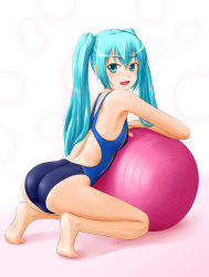 1girl aqua_eyes aqua_hair ass ball barefoot competition_swimsuit exercise_ball feet female_focus hatsune_miku long_hair looking_back one-piece_swimsuit open_mouth soles solo swimsuit tk4 twintails vocaloid rating:Sensitive score:37 user:danbooru