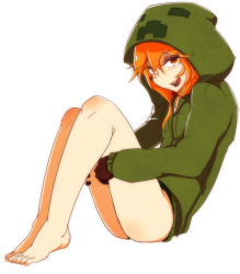  1girl at2. blush breasts commentary_request creeparka creeper highres hood hood_up hoodie looking_at_viewer minecraft open_mouth orange_eyes orange_hair personification simple_background smile solo white_background  rating:Sensitive score:39 user:danbooru