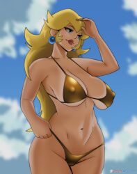  1girl arm_up bikini blonde_hair breasts cleavage cloud cloudy_sky covered_erect_nipples earrings gold_bikini hand_on_own_hip highres jewelry large_breasts legs long_hair mario_(series) navel nintendo princess_peach red_lips seductive_smile sky smile solo spotty_arts standing swimsuit thighs wide_hips 