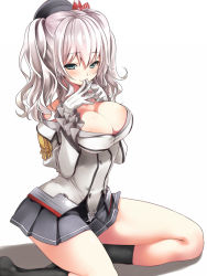  10s 1girl alric anchor bare_shoulders black_socks blue_eyes blush breasts cleavage frills from_side gloves green_eyes hat kantai_collection kashima_(kancolle) large_breasts long_hair long_sleeves looking_at_viewer own_hands_together silver_hair sitting skirt smile socks solo twintails white_background 