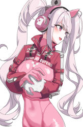  1girl alice_(nikke) animal_ear_headphones animal_ears art_aefu bodysuit breasts cowboy_shot cropped_jacket fake_animal_ears gloves goddess_of_victory:_nikke grey_hair headphones headset holding_snowball impossible_bodysuit impossible_clothes jacket latex latex_bodysuit long_hair looking_to_the_side medium_breasts multicolored_clothes multicolored_gloves open_mouth pink_bodysuit pink_eyes pink_gloves pink_headphones red_jacket shrug_(clothing) skin_tight smile snow snowball solo twintails two-tone_gloves 