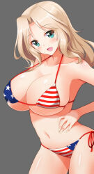  1girl alternate_costume american_flag american_flag_bikini american_flag_print arm_at_side bare_shoulders bikini blonde_hair breasts cleavage collarbone commentary_request flag_print girls_und_panzer green_eyes highres kay_(girls_und_panzer) large_breasts long_hair looking_at_viewer micro_bikini navel open_mouth parted_bangs photoshop_(medium) print_bikini revision shinki_(shinki59) side-tie_bikini_bottom skindentation solo stomach swimsuit thighs underboob 
