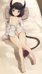  1girl absurdres ass bad_id bad_pixiv_id bed bed_sheet black_eyes black_hair blade_&amp;_soul blush breasts closed_eyes eyebrows flat_chest highres horns loli lyn_(blade_&amp;_soul) nipples no_panties open_clothes open_shirt original pillow pussy shirt short_hair small_breasts solo tail uncensored white_shirt  rating:Explicit score:65 user:danbooru