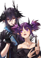  1boy 1girl arknights bare_shoulders black_gloves black_jacket black_shirt blush clothes_writing commentary_request da_(koyubiwokyouda) earrings gloves goth_fashion highres holding holding_knife holding_weapon horns jacket jewelry knife lava_(arknights) logos_(arknights) necklace off-shoulder_shirt off_shoulder open_mouth poi purple_hair red_eyes shirt short_hair short_sleeves simple_background twintails upper_body weapon white_background wristband 
