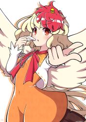 1girl bird_wings blonde_hair boots breasts brown_footwear choker commentary_request covered_navel dress feathered_wings highres jacket long_hair long_sleeves medium_hair niwatari_kutaka open_mouth orange_dress pointing red_eyes red_hair red_ribbon ribbon ribbon_choker simple_background small_breasts takapi_3 touhou very_long_hair whistle white_background white_jacket wings yellow_tail yellow_wings