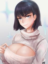10s 1girl alternate_hairstyle bad_id bad_pixiv_id black_hair blue_eyes bob_cut breasts cleavage cleavage_cutout clothing_cutout eyebrows female_focus fingernails fringe_trim highres kill_la_kill kiryuuin_satsuki large_breasts looking_at_viewer meme_attire open-chest_sweater ribbed_sweater short_hair smile smirk solo sparkle sweater tasselcat thick_eyebrows turtleneck upper_body rating:Sensitive score:126 user:dmysta3000