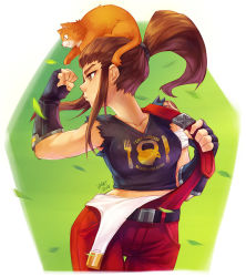  1girl 2018 animal animal_on_head arm_tattoo artist_name bandaged_arm bandages belt belt_buckle black_belt black_gloves black_shirt breasts brigitte_(overwatch) brown_eyes brown_hair buckle cat cat_on_head closed_mouth clothes_writing collarbone commentary contrapposto cowboy_shot dated elbow_gloves fang fangs fingerless_gloves freckles gloves hair_ornament hair_tie half-closed_eyes hand_up leaf legs_together lips long_hair medium_breasts nose on_head overalls overwatch overwatch_1 own_hands_clasped own_hands_together pants ponytail red_pants shirt shoulder_tattoo sidelocks sleeveless sleeveless_shirt smile solo standing suspenders tattoo thigh_gap vmat whiskers_(overwatch) wind  rating:Sensitive score:11 user:danbooru