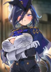  1girl absurdres arms_under_breasts ascot black_bra black_corset blue_ascot blue_cape blue_hair blurry blurry_background blush bra bra_peek breasts cape cleavage clorinde_(genshin_impact) corset dark_blue_hair elbow_gloves epaulettes fold-over_gloves genshin_impact gloves hair_between_eyes hat hat_feather highres itohana large_breasts long_hair long_hair_between_eyes looking_at_viewer multicolored_hair parted_lips partially_unbuttoned purple_ascot purple_eyes shirt solo streaked_hair sweat tricorne underwear vision_(genshin_impact) wet wet_clothes white_gloves white_shirt 