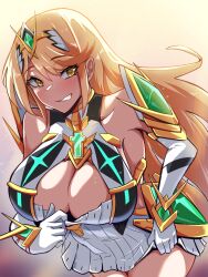  1girl blonde_hair blush breasts chest_jewel cleavage cleavage_cutout clothes_pull clothing_cutout commentary_request downblouse dress dress_pull earrings elbow_gloves gloves hair_between_eyes hair_ornament highres jewelry large_breasts leaning_forward long_hair looking_at_viewer mythra_(xenoblade) pulling_own_clothes short_dress solo teeth timosan very_long_hair white_dress white_gloves xenoblade_chronicles_(series) xenoblade_chronicles_2 yellow_eyes 
