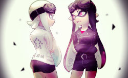  2girls absurdres bike_shorts fang gradient_background highres inkling_player_character multiple_girls nintendo open_mouth splatoon_(series) tagme tentacle_hair  rating:Sensitive score:11 user:ydrahttam
