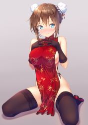 1girl bare_shoulders black_gloves black_thighhighs blue_eyes blush breasts brown_hair bun_cover china_dress chinese_clothes clothes_between_thighs commentary double_bun drawstring dress elbow_gloves fingers_together full_body gloves grey_background hair_bun highres kazuma_(kazumav) large_breasts looking_at_viewer no_panties original shoes short_hair side_slit sideboob simple_background sitting solo sweat thighhighs unmoving_pattern wavy_mouth rating:Sensitive score:53 user:danbooru