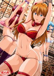  3girls absurdres arched_back armpits arms_up ass ayanami_rei back ball_gag bdsm black_panties blue_eyes blue_hair bondage bound bound_wrists bow bow_bra bow_panties bra breasts brick_wall brown_hair butt_crack cage chain chained cleavage collar collarbone cover cover_page cuffs dutch_angle facing_away female_focus fishnet_thighhighs fishnets frilled_thighhighs frills from_behind gag gag_around_neck gagged groin hair_between_eyes hair_ornament hairband highleg highleg_panties highres hip_focus indoors knees lace lace-trimmed_bra lace-trimmed_legwear lace-trimmed_panties lace_trim large_breasts legs lingerie long_image looking_at_viewer low_twintails lowleg lowleg_panties makinami_mari_illustrious multiple_girls navel neon_genesis_evangelion open_mouth panties pink_bra pink_panties polka_dot polka_dot_bra purple_thighhighs rebuild_of_evangelion red_bra red_eyes red_thighhighs shiny_skin short_hair skindentation slave souryuu_asuka_langley standing tall_image thick_thighs thigh_gap thighhighs thighs thong toyatei twintails underwear underwear_only ungagged unworn_gag v_arms white_bra white_thighhighs wide_hips wiffle_gag 