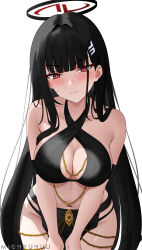 1girl absurdres artist_name bikini black_bikini black_hair blue_archive breasts chain cleavage closed_mouth gold_chain hair_intakes hair_ornament halo head_tilt highres leaning_forward looking_at_viewer mighyuhuu millennium_science_school_logo red_eyes rio_(blue_archive) swimsuit three_quarter_view white_background 