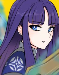  1girl alondite altina_(fire_emblem) blue_eyes close-up fire_emblem fire_emblem:_radiant_dawn highres long_hair looking_at_viewer nintendo parted_bangs portrait purple_hair ragnell serious simple_background solo tavi_(hosheezus) teeth very_long_hair weapon yellow_background 