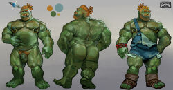  1boy abs bara bare_pectorals beard belly belly_grab bulge character_sheet chivo_(kalchivo) colored_skin completely_nude denim_overalls dreadlocks energy_ball facial_hair farmer fat fat_man flaccid from_behind full_beard full_body green_skin hairy highres huge_eyebrows large_pectorals looking_at_viewer looking_back male_focus male_pubic_hair mature_male monster_boy multiple_views muscular muscular_male navel_hair nipple_piercing nipple_rings nipples nose_piercing nose_ring nude orange_hair orc original overalls pectorals penis piercing pointy_ears profile pubic_hair second-party_source sparse_arm_hair standing strongman_waist thick_ass_hair thick_chest_hair thick_leg_hair thick_mustache thick_thighs thighs torn_clothes torn_overalls tusks ugly_man uncensored vael_(bulph) 