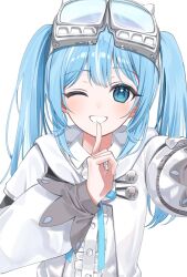  1girl :d a20_(atsumaru) absurdres arahashi_tabi blue_eyes blue_hair blush center_frills dot_nose finger_to_mouth frilled_shirt frills goggles goggles_on_head grin highres hood hood_down hooded_jacket index_finger_raised jacket long_bangs long_hair long_sleeves looking_at_viewer one_eye_closed open_mouth outstretched_arm reaching reaching_towards_viewer selfie shirt sidelocks simple_background smile solo stellive straight-on teeth twintails upper_body virtual_youtuber white_background white_jacket white_shirt 