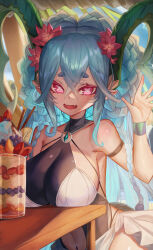  1girl aqua_hair armlet beach blue_sky bracelet braid breast_rest breasts breasts_on_table cleavage clothing_cutout crown_braid curled_horns day fang fate/grand_order fate_(series) gem green_horns highres horns jewelry large_breasts large_horns larva_tiamat_(fate) long_bangs long_horns looking_at_viewer m0_chi navel one-piece_swimsuit outdoors parfait pink_eyes pointy_ears sarong skin_fang sky smile solo stomach_cutout swimsuit symbol-shaped_pupils tiamat_(fate) waving x-shaped_pupils x_x  rating:Sensitive score:31 user:danbooru