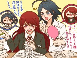  1boy 1girl ahoge anger_vein arm_on_table black_eyes black_hair black_jacket black_necktie black_skirt blazer body_switch book book_stack breasts buttons chibi clenched_hand collarbone collared_shirt commentary_request crest danganronpa danganronpa/zero danganronpa_(series) eyelashes frustrated furrowed_brow hand_mirror hand_on_own_cheek hand_on_own_face holding holding_mirror jacket large_breasts layered_sleeves light_blush long_hair long_sleeves looking_at_another matsuda_yasuke mirror neck_ribbon necktie notice_lines open_book open_clothes open_jacket open_mouth otonashi_ryouko personality_switch pleated_skirt pocket polka_dot polka_dot_background purple_eyes reading red_hair red_ribbon ribbon shirt short_hair simple_background skirt skirt_set smile solid_eye teeth thick_eyebrows translation_request triangle_mouth turning_page two-tone_background upper_body upper_teeth_only very_long_hair white_background white_shirt yellow_background yumaru_(marumarumaru) 