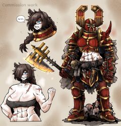  1girl abs adeptus_astartes animal_ears armor axe belt belt_pouch blue_eyes chainmail chaos_space_marine cloak collar commission dagger dog_ears dog_girl english_text fake_horns flaming_weapon fur_cloak growling hair_over_one_eye helmet highres horned_helmet horns khorne knife midriff muscular muscular_female octosoup pouch power_armor scar shoulder_spikes skull solo spiked_collar spikes tank_top warhammer_40k weapon world_eaters 