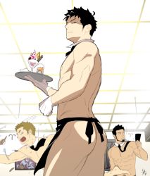  3boys abs apron ass bara black_hair food gloves itto_(mentaiko) looking_at_viewer male_focus multiple_boys muscular necktie original priapus_a._tarou sweat tray waiter  rating:Questionable score:27 user:harucho