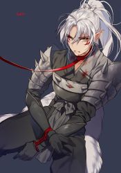 1boy armor artist_name black_gloves blood blood_on_face blood_on_clothes blue_background bound bound_wrists collar demon_boy facial_mark fur_trim gloves high_ponytail inu_no_taishou inuyasha japanese_clothes kneeling leash male_focus pointy_ears ponytail sideways_glance silver_hair simple_background sitting solo sukja tied_up yellow_eyes rating:Sensitive score:14 user:danbooru