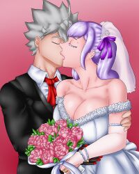  1boy 1girl asta_(black_clover) black_clover breasts cleavage closed_eyes couple dress elverguillash24 flower formal hair_ribbon holding holding_another&#039;s_arm holding_flower holding_waist jewelry kiss large_breasts necktie noelle_silva non-web_source ribbon ring source_request suit twintails wedding wedding_dress wedding_ring  rating:Sensitive score:5 user:danbooru