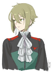  1boy 2022 androgynous ascot asticassia_school_uniform closed_mouth dated earrings elan_ceres expressionless green_eyes green_hair gundam gundam_suisei_no_majo hair_between_eyes highres jewelry kusada looking_to_the_side male_focus school_uniform short_hair simple_background solo tassel tassel_earrings upper_body white_ascot 