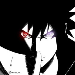  1boy aboude_art artist_name black_hair closed_mouth commentary english_commentary instagram_logo instagram_username limited_palette looking_at_viewer male_focus mangekyou_sharingan naruto_(series) naruto_shippuuden purple_eyes red_eyes rinnegan sharingan short_hair signature solo spiked_hair spot_color uchiha_sasuke 