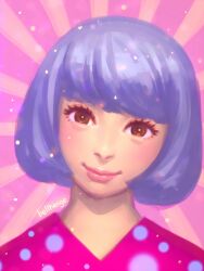  1girl bellhenge blunt_bangs blush brown_eyes closed_mouth commentary confetti deviantart_username english_commentary eyelashes head_tilt kyary_pamyu_pamyu lipstick looking_at_viewer makeup pink_background pink_lips pink_shirt polka_dot purple_hair real_life realistic shirt short_hair smile upper_body 