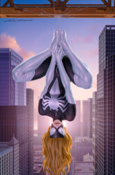  1girl black_bodysuit blonde_hair bodysuit boots breasts building city day elbow_gloves gloves highres jessica_drew long_hair looking_at_viewer marvel mask medium_breasts outdoors signature skyscraper solo spider-man_(series) spider-woman thigh_boots two-tone_bodysuit upside-down white_bodysuit white_footwear white_gloves yoon_junggeun 