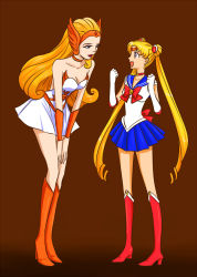  2girls bare_shoulders bishoujo_senshi_sailor_moon blonde_hair blue_eyes blue_sailor_collar blue_skirt boots breasts brooch brown_background choker cleavage clenched_hands crescent crescent_earrings crossover double_bun dress earrings elbow_gloves full_body gloves hair_bun hair_ornament happy headgear high_heel_boots high_heels highres jewelry leaning leaning_forward lipstick lisginka long_hair magical_girl makeup masters_of_the_universe medium_breasts miniskirt multiple_girls neck necklace open_mouth orange_footwear pleated_skirt red_footwear red_lips ribbon sailor_collar sailor_moon she-ra_(character)_(princess_of_power) she-ra_princess_of_power simple_background size_difference skirt smile standing strapless strapless_dress tiara triangle_mouth tsukino_usagi twintails vambraces very_long_hair white_gloves 