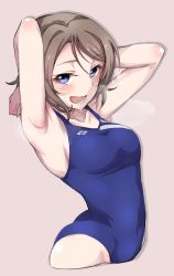 1girl :d armpits arms_behind_back arms_up ass blue_eyes blue_one-piece_swimsuit breasts brown_hair competition_swimsuit covered_navel cropped_legs half-closed_eyes heavy_breathing highres looking_at_viewer love_live! love_live!_school_idol_project love_live!_sunshine!! medium_breasts one-piece_swimsuit open_mouth short_hair sideboob smile solo swimsuit watanabe_you rating:Sensitive score:16 user:danbooru