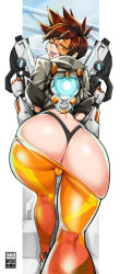  1girl ass bayeuxman black_panties brown_eyes brown_hair cameltoe clothes_pull clothing_aside dual_wielding from_behind gun handgun highres holding holding_gun holding_weapon orange_goggles orange_pants overwatch panties panties_aside pants pants_pull short_hair smile solo spiked_hair thong tight_clothes tight_pants tongue tongue_out tracer_(overwatch) underwear weapon whale_tail_(clothing)  rating:Sensitive score:214 user:danbooru