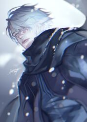  1boy bishounen blue_eyes devil_may_cry devil_may_cry_(series) devil_may_cry_4 dmc_pa hair_over_one_eye hood male_focus nero_(devil_may_cry) snow snowing solo white_background white_hair winter winter_clothes 