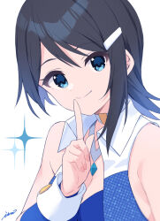  1girl artist_name bare_shoulders black_hair blue_eyes breasts choker cleavage closed_mouth detached_sleeves dot_nose eyelashes finger_to_mouth hair_ornament highres idolmaster idolmaster_dearly_stars ima_(lm_ew) large_breasts light_smile looking_at_viewer mizutani_eri parted_bangs shirt short_hair sidelocks simple_background sleeveless sleeveless_shirt solo upper_body white_background 