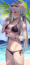  1girl abarabone absurdres ahoge bare_arms bare_shoulders bikini black_bikini blurry blush breasts cleavage closed_mouth collarbone commission cowboy_shot cup depth_of_field food groin hair_between_eyes hair_ornament hair_scrunchie hairband halterneck highres holding holding_cup long_hair looking_away medium_breasts nail_polish navel original red_eyes scrunchie shaved_ice side-tie_bikini_bottom sidelocks silver_hair skeb_commission solo standing stomach strap_gap string_bikini swimsuit thighs twintails very_long_hair water 