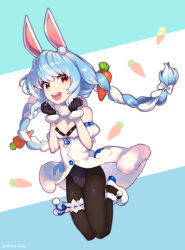  1girl :d absurdres animal_ear_fluff animal_ears ankle_garter artist_name black_gloves black_leotard black_pantyhose blue_hair bow braid breasts bridal_garter carrot carrot_hair_ornament cleavage coat_dress colored_shoe_soles detached_sleeves don-chan_(usada_pekora) dress drop_shadow food-themed_hair_ornament full_body fur-trimmed_dress fur-trimmed_gloves fur_scarf fur_trim gloves hair_ornament highres hikimayu hololive jumping leotard long_hair mary_janes medium_breasts multicolored_hair open_mouth pantyhose parted_hair playboy_bunny puffy_detached_sleeves puffy_short_sleeves puffy_sleeves rabbit_ears red_eyes scarf shoes short_eyebrows short_sleeves sidelocks smile solo swept_bangs teeth thick_eyebrows tongue twin_braids two-tone_hair upper_teeth_only usada_pekora usada_pekora_(1st_costume) virgo_(artist) virtual_youtuber white_bow white_dress white_footwear white_hair white_scarf white_sleeves 