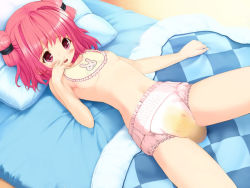  1girl adult_baby bed bedwetting bib blush diaper hair_ribbon loli lying pink_eyes pink_hair ribbon solo wet_diaper  rating:Questionable score:48 user:Fralee