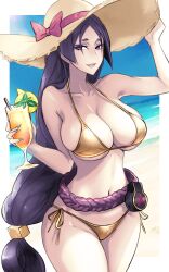  1girl bare_shoulders bikini breasts cleavage collarbone dynamitenatalia fate/grand_order fate_(series) hat highres large_breasts long_hair looking_at_viewer minamoto_no_raikou_(fate) navel parted_bangs purple_eyes purple_hair smile solo sun_hat swimsuit thighs very_long_hair 
