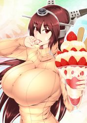  10s 1girl breasts brown_hair dessert licking_finger food fruit highres huge_breasts ice_cream icing kantai_collection licking long_hair looking_at_viewer nagato_(kancolle) oisinbou raised_eyebrows red_eyes ribbed_sweater solo strawberry sundae sweater 