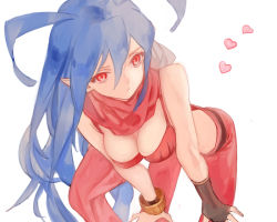  1girl 3838383 bad_id bad_pixiv_id bent_over bikini bikini_top_only blue_hair breasts disgaea disgaea_d2 fingerless_gloves gender_request genderswap gloves hands_on_own_knees hanging_breasts heart laharl laharl-chan leaning_forward long_hair midriff pointy_ears red_bikini red_eyes scarf simple_background solo swimsuit white_background 