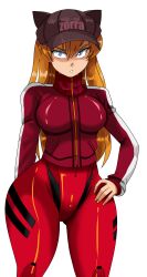  1girl :o absurdres alcione_makoto alternate_breast_size blue_eyes bodysuit bodysuit_under_clothes breasts brown_hair covered_navel curvy earrings hair_ornament hand_on_own_hip highres interface_headset jacket jewelry large_breasts long_hair looking_at_viewer neon_genesis_evangelion plugsuit red_bodysuit simple_background solo souryuu_asuka_langley spanish_text standing track_jacket translated transparent_background tsundere wide_hips 