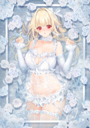  1girl blonde_hair breasts choker cleavage cowboy_shot flower frills hair_intakes hair_ornament hands_up highres large_breasts long_hair long_sleeves looking_at_viewer obiwan original parted_lips red_eyes see-through signature solo thighhighs thighs water weisuoxin wet white_choker white_thighhighs 