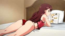  1990s_(style) 1girl aika_(series) aika_r-16 animated animated_gif ass bed book camisole female_focus legs long_hair looking_at_viewer looking_back lying magazine_(object) on_stomach panties pillow red_panties shingai_eri solo thighs underwear  rating:Questionable score:97 user:Ez3