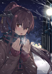  1girl alternate_costume blurry blush bokeh brown_coat brown_eyes brown_hair building cherry_blossoms coat depth_of_field floating_hair flower hair_between_eyes hair_flower hair_ornament hands_up headgear highres kantai_collection lamppost lipstick long_hair looking_at_viewer makeup nail_polish night night_sky open_mouth outdoors ponytail purple_sweater scarf senwa sidelocks sky snow snowing solo sweater tree very_long_hair warming_hands wind yamato_(kancolle) 
