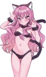  1girl animal_ear_fluff animal_ears armpits blush bra cat_ears cat_girl cat_lingerie cat_tail collarbone flat_chest highres kemonomimi_mode loli long_hair looking_at_viewer louise_francoise_le_blanc_de_la_valliere meme_attire navel panties paw_pose pink_eyes pink_hair ribs skinny solo stomach tail takio_(kani_sama) underwear underwear_only unhappy wavy_hair zero_no_tsukaima 