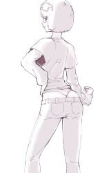 1girl ass atlus blush bob_cut clothes_pull cup denim drinking_glass hand_on_own_hip jeans layered_sleeves long_sleeves looking_at_viewer looking_back monochrome ohya_ichiko panties pants pants_pull persona persona_5 plow_(witch_parfait) short_over_long_sleeves short_sleeves smile sunglasses_on_head thong underwear whale_tail_(clothing)  rating:Questionable score:15 user:Strider_Blaze