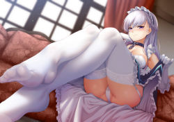  1girl apron areola_slip ass azur_lane belfast_(azur_lane) blue_eyes blush braid breasts cameltoe chain choker cleavage clothes_lift collar collarbone couch crossed_ankles curtains day dress dress_lift feet foot_focus foreshortening french_braid frills garter_straps gloves indoors ipuu_(el-ane_koubou) large_breasts lifted_by_self long_dress long_hair looking_at_viewer maid maid_headdress no_shoes silver_hair sitting smile solo strapless strapless_dress thighhighs thighs toes white_gloves white_thighhighs window  rating:Questionable score:196 user:danbooru