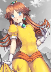 1girl abs blue_eyes blush brown_hair covered_erect_nipples covered_navel crown dress earrings flat_chest flipped_hair gloves twirling_hair jewelry long_hair mario_(series) nagase_haruhito nintendo open_mouth princess_daisy puffy_short_sleeves puffy_sleeves short_sleeves skin_tight solo super_mario_land toned white_gloves yellow_dress rating:Sensitive score:132 user:danbooru